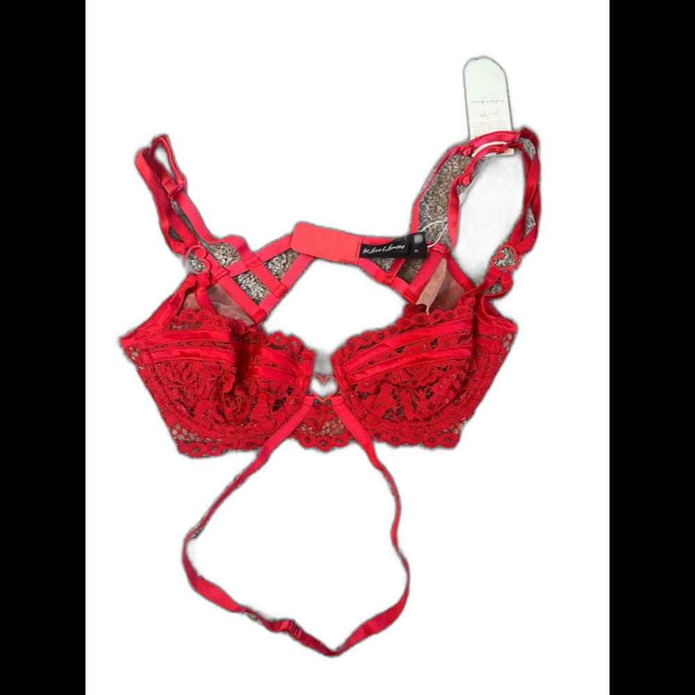 For Love and Lemons Intimates Rosa Red Lace Strappy Underwire Bra Hearts Sm NWT